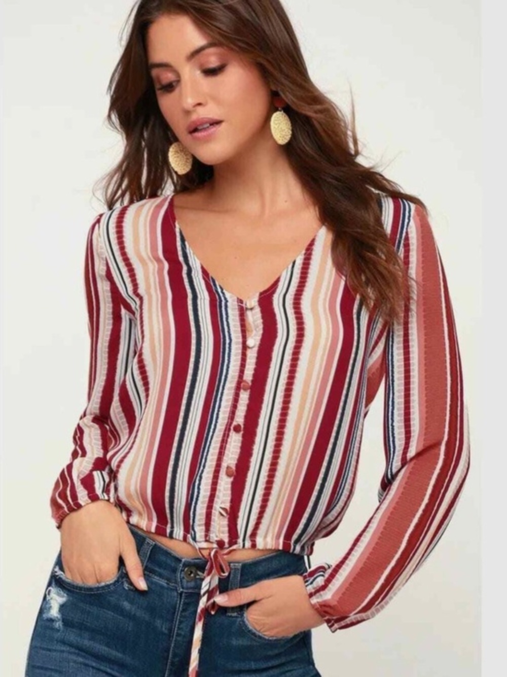 BB Dakota Multi-Stripe Button-Front Tie-Hem Blouse